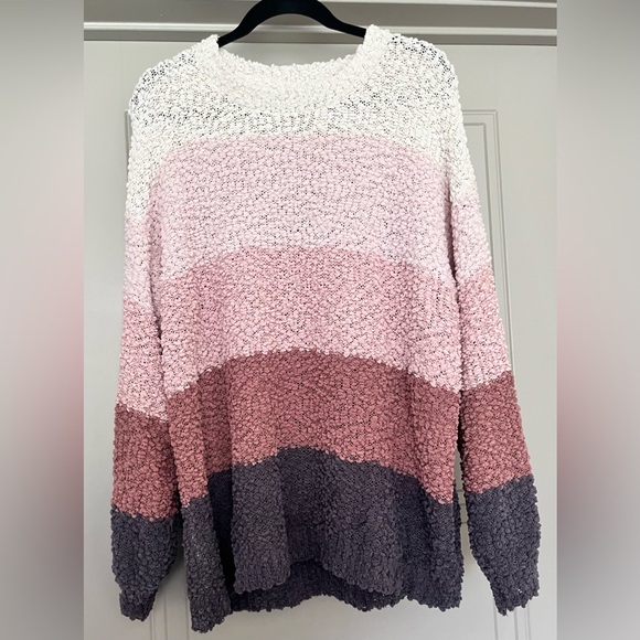 Listicle Sweaters - Rosie Daze Listicle Cozy Pink Purple Striped Colorblock Popcorn Sweater Large